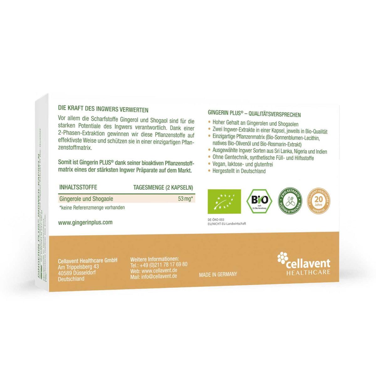 Bioaktiver Ingwer - Extrakt - Gingerin PLUS - Cellavent Healthcare