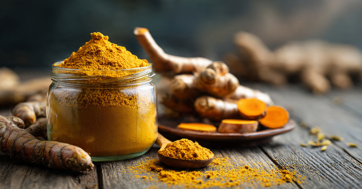 Curcumin Dosierung: Goldgelbes Kurkumapulver im Glas, umgeben von frischen Kurkumawurzeln und geschnittenen Wurzelstücken