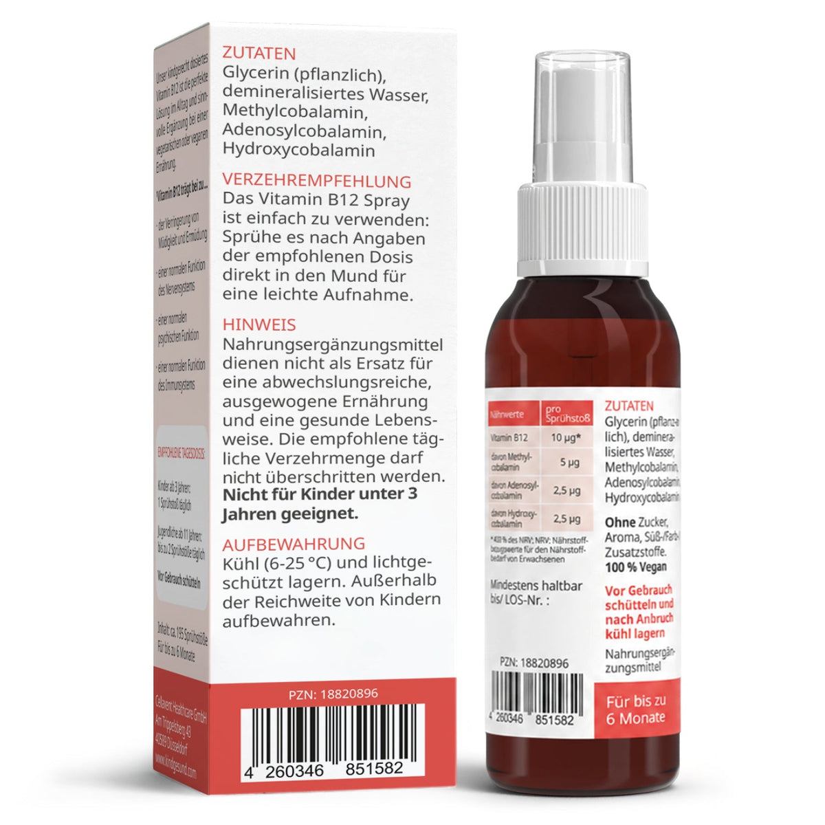 Vitamin B12 Spray für Kinder, Rückseite mit Zutaten und Verzehrempfehlung