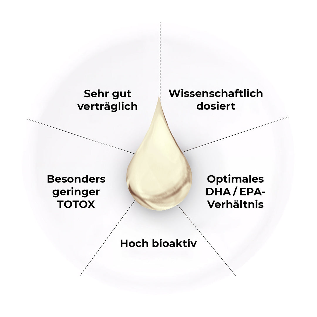omega-3 ÖL-Tropfen in der Mitte und um herum sind die 5 wichtigsten Punkte 