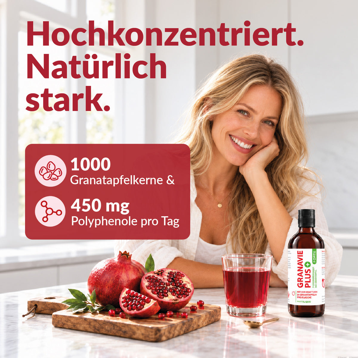 Granavie PLUS hochkonzentriert: 1000 Granatapfelkerne und 450 mg Polyphenole pro Tag