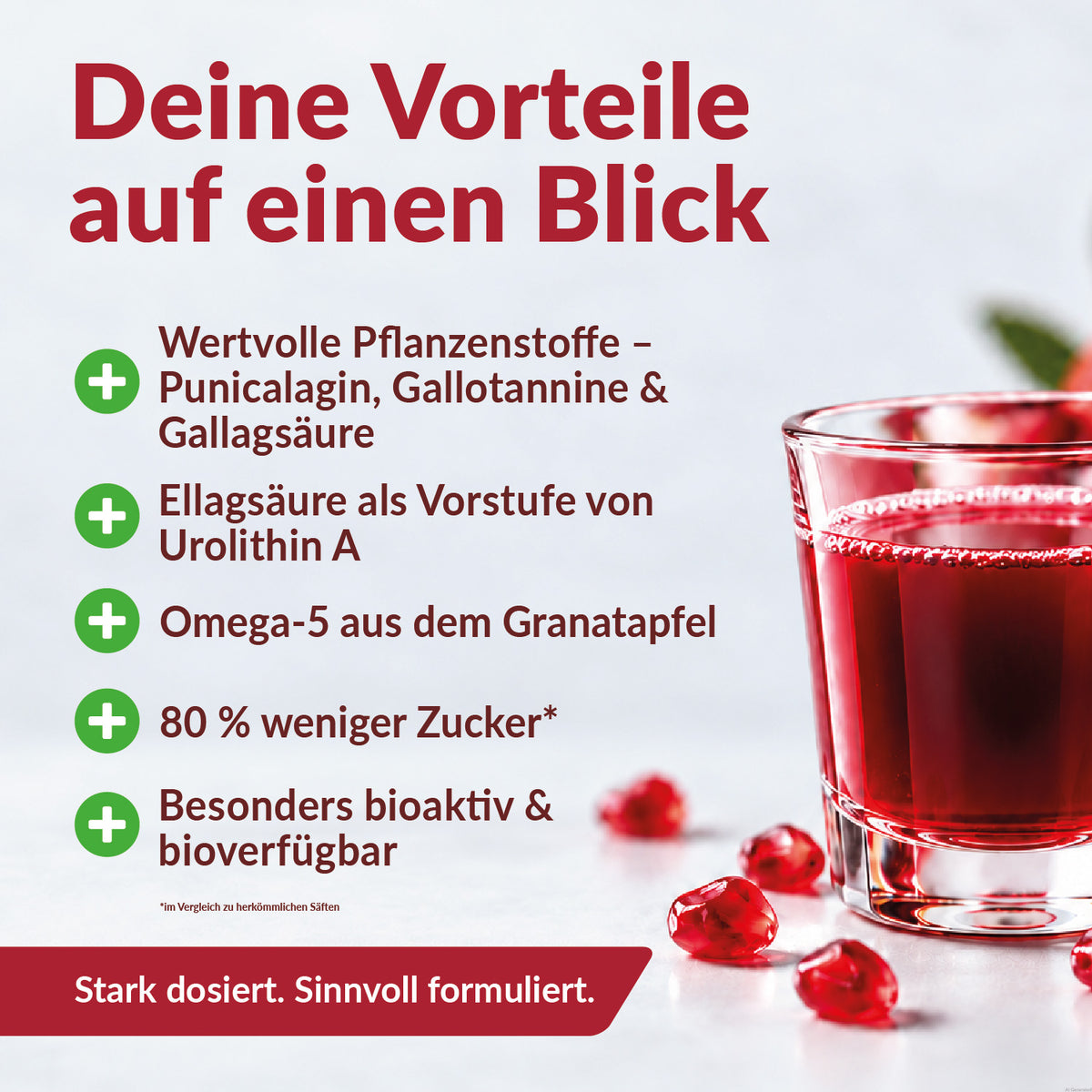 Granavie PLUS Vorteile: Punicalagin, Ellagsäure, Omega-5 und 80 % weniger Zucker