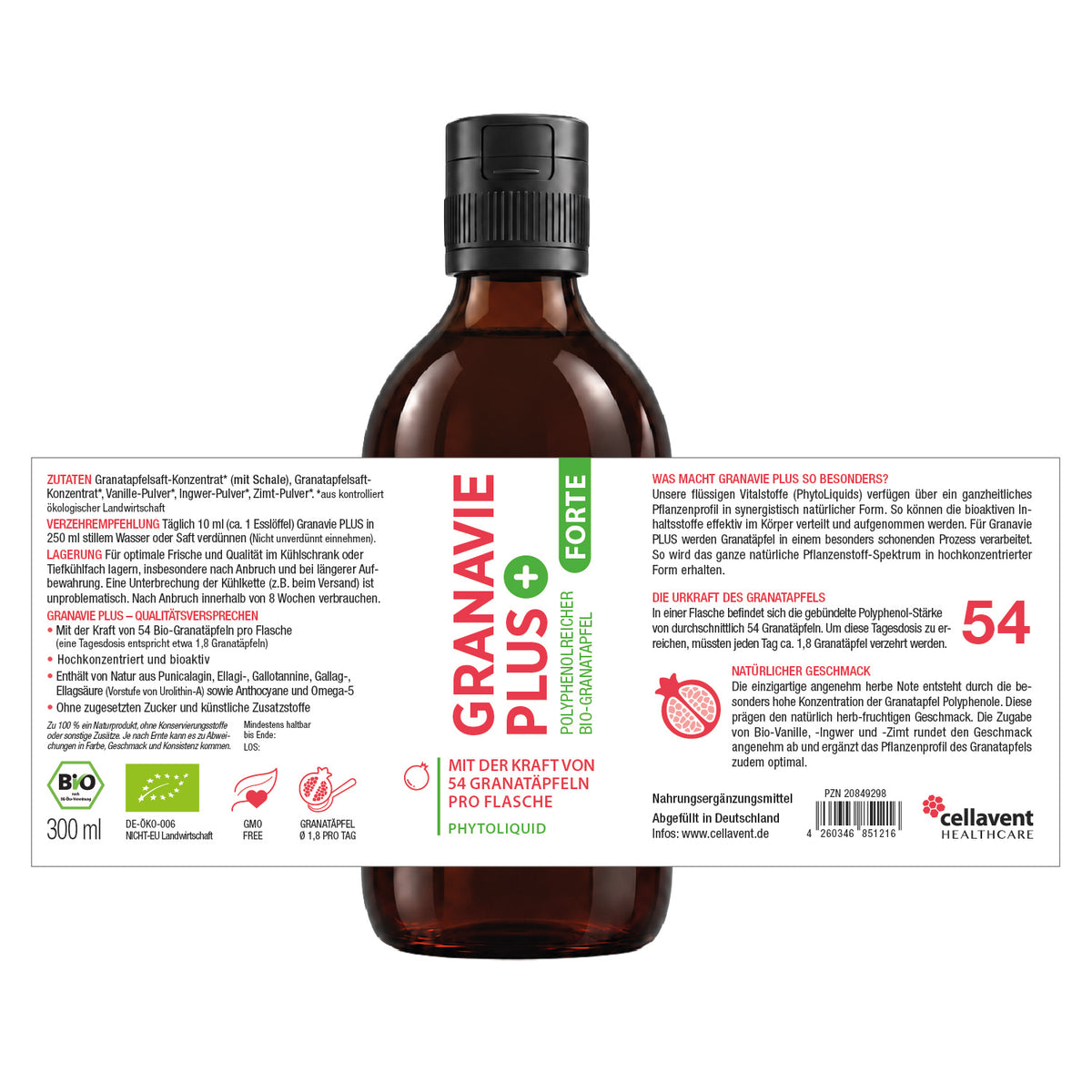 Granavie PLUS Forte 300 ml Etikett mit Zutaten, Verzehrempfehlung und Lagerhinweisen