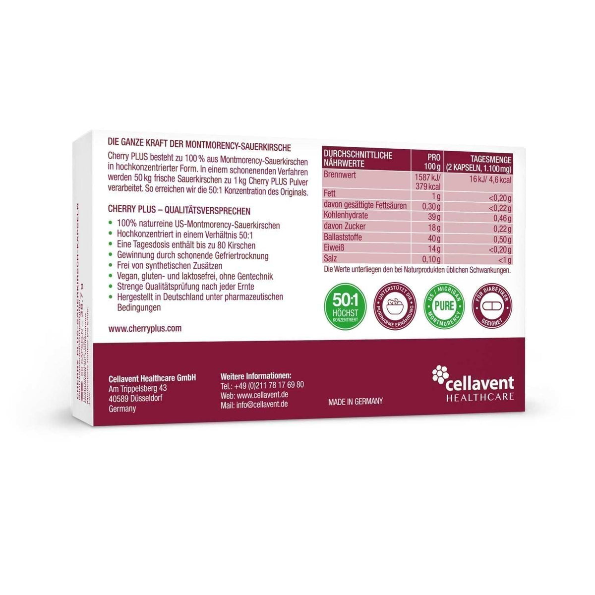 Montmorency Sauerkirsche Kapseln - Cherry PLUS - Cellavent Healthcare